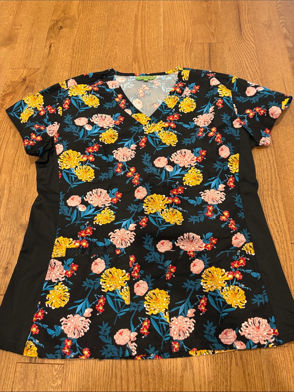 V-Neck Floral Short Sleeve Top in Black with Yellow & Pink Flowers